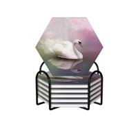 White Swan printed Round Ceramic Coaster Set of 6, Table Coaster Drink Coffee Coasters - Hexagon 6 Pieces