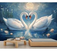 White Swan Wallpaper Valentine's Day Swan Couple Girl Wallpaper Moon Country Lake Lotus Flower Wall Paper Mural Botainical Plant Rustic Wall Paper for Living Room Bedroom Mural 450X300cm