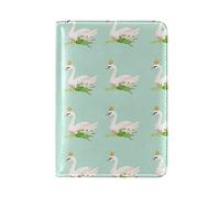 White Swan With Gold Crown Green Pattern Genuine Leather Travel Passport Covers, Microfiber Leather Travel Wallet Holder Case Protector for Women and Men
