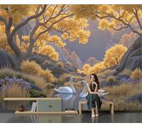 White Swans in The Forest Photo Wallpaper Natural Scenery Non-Woven Mural 200×150 Cm Yellow Wallpaper Living Room Home Decoration Wall Murals Suitable for Bedroom