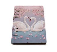 White Swans with Pink Floral Tree A5 Loose Leaf Notebook, Premium PU Leather Refillable 6-Ring Binder Journal, Durable Cover Lined Paper Lay Flat Design for Writing Journaling and Organization
