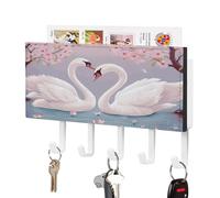 White Swans with Pink Floral Tree Key Holder for Wall Mount with 5 Hooks Decorative Key And Mail Holder Farmhouse Wall Hooks with Shelf PU Leather Key Rack with Mail Holders for Entryway Home