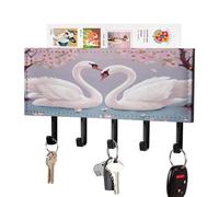 White Swans with Pink Floral Tree Key Holder for Wall Mount with 5 Hooks Decorative Key And Mail Holder Farmhouse Wall Hooks with Shelf PU Leather Key Rack with Mail Holders for Entryway Home