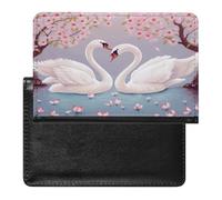 White Swans with Pink Floral Tree Passport Holder PU Leather Slim Passport Cover with Card Slots Travel Document Holder Cover