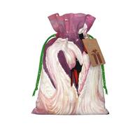 White Swans with Pink Floral Tree Printed Christmas Drawstring Bags with Green Ribbon - Reusable Burlap Drawstring Gift Pouches, M