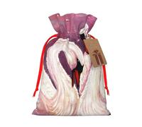 White Swans with Pink Floral Tree Printed Christmas Drawstring Bags with Red Ribbon - Reusable Burlap Drawstring Gift Pouches, S