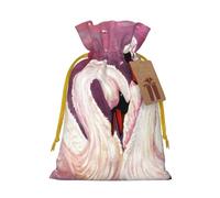 White Swans with Pink Floral Tree Printed Christmas Drawstring Bags with Yellow Christmas Ribbon - Reusable Burlap Drawstring Gift Pouches, M