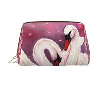 White Swans with Pink Floral Tree Printed Makeup Bag for Women Portable Leather Make up Bag Travel Gold Zipper Cosmetic Bags Organizer