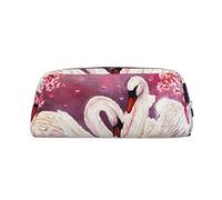 White Swans with Pink Floral Tree Printed Pencil Bag with Silver Zipper | Faux Leather Pencil Cases, Aesthetic Pencil Pouch, Makeup Bag Cosmetic Bag for Office Travel