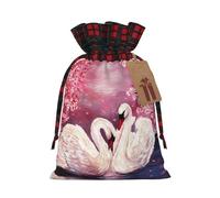 White Swans With Pink Floral Tree Printing Cute Color Matching Plaid Christmas Bag Drawstring Design For Christmas Party Gift Packaging