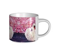 White Swans with Pink Floral Tree Printing Large-Capacity Ceramic Mugs, Versatile Cups for Coffee,Tea,Easy to Hold,Perfect for Workspaces