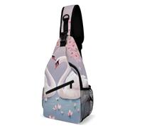 White Swans with Pink Floral Tree Sling Bag Small Crossbody Bags with Adjustable Strap Durable Chest Bag for Hiking Travel