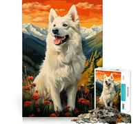 White Swiss Shepherd Dog in Mountain Landscape Jigsaw for Adults 1000 Pieces Brain Memory Game Laser Cut for Flawless Fit Unique Gift for Stress Relief (50x75cm)