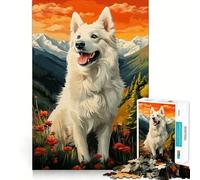 White Swiss Shepherd Dog in Mountain Landscape Jigsaw for Adults1000 Pieces Brain Focus Game Precision Cut Smooth Edges Amusing Challenge for Waiting Time (38x52cm)
