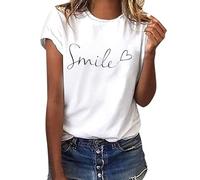 White T-Shirt Women's Summer Oversized T-Shirt Cotton with Smile Letter Print T-Shirt Casual Crew Neck Short Sleeve Tops Tee Shirts Sports Shirt Tunic Tops T-Shirts for Women Teenager Girls, A01 White