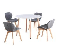 (White Table & Grey Fabric Chairs) Charles Jacobs Round 4 Seat Dinner Table & Chair Circular Scandi Set for Nordic Kitchen Dining