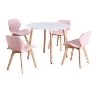 (White Table & Pink PU Chairs) Charles Jacobs Round 4 Seat Dinner Table & Chair Circular Scandi Set for Nordic Kitchen Dining