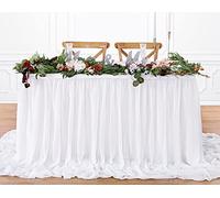 White Table Skirt for Rectangle Tables 14FT Chiffon Sheer Tablecloth for Birthday Party Sweetheart Cake Table Decoration