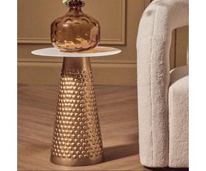 White Tabletop Side Table with Chunky Hammered Gold Base, Amira