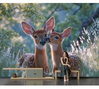 White-Tailed Deer Grassland Printed Wallpaper, Premium Non-Woven Photography Wildlife Wall Mural, Brown Photo Wallpaper, for Living Room Bedroom Home Office Wall Decoration - 300 x 210 cm