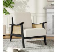 White Teddy Fur Rattan Armrest Sofa Cushioned Armchair with Dark Leg