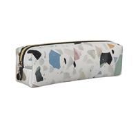 White terrazzo Printed Leather Pencil Case Cute Stationery Organizer Simple Makeup Bag Pen Pouch, Gold Zipper