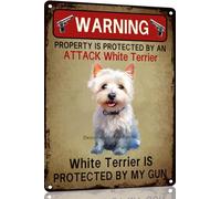 White Terrier Vintage Funny Dog Metal Poster,Aluminum Warning Property Protected by Dog Sign Wall Decor Art Poster Dog Lovers Gift 8x12 Inch for Mancave Home Decor