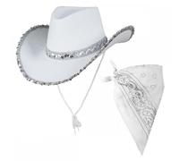 White Texan Cowgirl Hat with Sequins + White Bandana : Adult Ladies Hen Night Wild West Cowboy Music Festival Pop Tour Fancy Dress Accessory