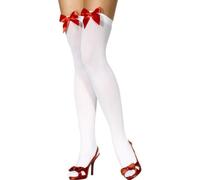 White thigh high hold up stockings with red bow