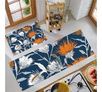 White Thistle Kitchen Rugs Non Skid Washable Mats Set of 2 PCS, Hand Drawn Vintage Flowers Absorbent Runner Rugs for Kitchen, Front of Sink,Sink Laundry, 40x60cm+40x120cm Dark Blue