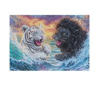 White Tiger And Black Lion in Wave Confrontation 300 Piece Pack DIY Jigsaw Puzzle Collectors Cognitive Development Educational Decorative Puzzle Gifts for Adults Premium Cardboard 300 PCS