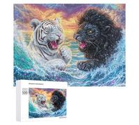 White Tiger And Black Lion in Wave Confrontation 500 Piece Jigsaw Puzzle for Family Indoor Leisure Puzzle Cooperation Gift for Festive Season 500 PCS