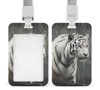 White Tiger Badge Holder with Lanyard - Waterproof Hard Plastic ID Card Holder Professional Name Tag Vertical ID Card Name Badge for Office Nurse Doctor Teacher