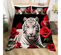 White Tiger Bedding Sets Soft Microfiber Rose Flower Duvet Cover Set with Zipper Quilt Cover Sets for Kids Boys Girls with Pillowcase (200x200, Double)