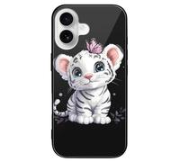 White Tiger Butterfly Phone Case Glass Phone Cover Protective Shell Compatible with iPhone 16/Pro/Pro Max/Plus/E