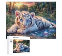 White Tiger Cub at Sparkling Water's Edge 500 Piece Jigsaw Puzzle for Family Indoor Leisure Puzzle Cooperation Gift for Festive Season 500 PCS