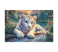 White Tiger Cub by Glittering Water with Floral Necklace 1000 Piece Pack DIY Jigsaw Puzzle Collectors Cognitive Development Educational Decorative Puzzle Gifts for Adults High-grade Cardboard 1000 PC
