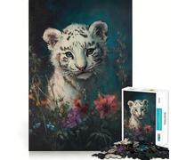 White Tiger Cub in Flowers Jigsaw Puzzle 1000 Recall Fun Play Advanced Laser Cutting Tech Holiday Indoor Entertainment Toy (38x52cm)