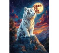 White Tiger Cub on A Rocky Cliff Under The Moon 300 Piece Complete DIY Jigsaw Puzzle Wildlife Plant Collectors Mind Relaxation Educational Decorative Puzzle Gifts for Adults Sturdy Thick Cardboard 3