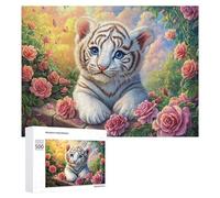 White Tiger Cub on Brick with Roses 500 Piece Jigsaw Puzzle for Family Indoor Cooperative Puzzle Mental Exercise Gift for Celebration 500 PCS