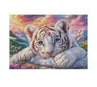 White Tiger Cub on Clouds over Mountains 300 Piece Jigsaw Puzzle for Adults Kitchen Wall Decor Art Project Precision Cut Great Gift for Art Lovers 300 PCS