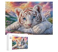 White Tiger Cub on Clouds over Mountains 300 Piece Jigsaw Puzzle for Family Indoor Leisure Puzzle Cooperation Gift for Festive Season 300 PCS
