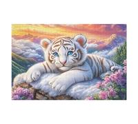 White Tiger Cub on Clouds with Mountain View 1000 Pieces Set Classic Jigsaw Puzzle Couple Puzzle Partners Mind Relaxation Wall Decor Easter New Year Creativity & Gift Giving 1000 PCS