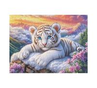 White Tiger Cub on Clouds with Mountain View 500 Pieces Set Classic Jigsaw Puzzle Couple Puzzle Partners Mind Relaxation Wall Decor Easter New Year Recycled Cardboard Material 500 PCS