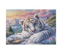 White Tiger Cub on Clouds with Snowy Mountains 300 Piece Jigsaw Puzzle for Adults Jigsaw Essential Parent Activity Family Game Vibrant Fun Ideal 300 PCS