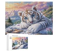 White Tiger Cub on Clouds with Snowy Mountains 300 Piece Jigsaw Puzzle for Family Indoor Leisure Puzzle Cooperation Gift for Festive Season 300 PCS