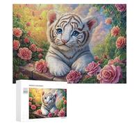 White Tiger Cub on Floral Brick Path 300 Piece Jigsaw Puzzle for Teens 14+ Indoor Brain Game Analytical Skill Gift for Teens 300 PCS