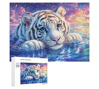 White Tiger Cub on Starry Shimmering Water 500 Piece Jigsaw Puzzle for Couples Office Break Relaxation Stress Relief Gift for Anniversary 500 PCS