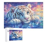 White Tiger Cub on Starry Waters 1000 Piece Jigsaw Puzzle for Couples Indoor Cooperative Play Communication Skill Gift for Couples 1000 PCS