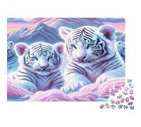 White Tiger Cubs Colourful Two White Tiger Cubs on Clouds 1000 Pieces Adult Jigsaws Birthday Fun Activity for Rainy Days 38x26cm/1000pcs